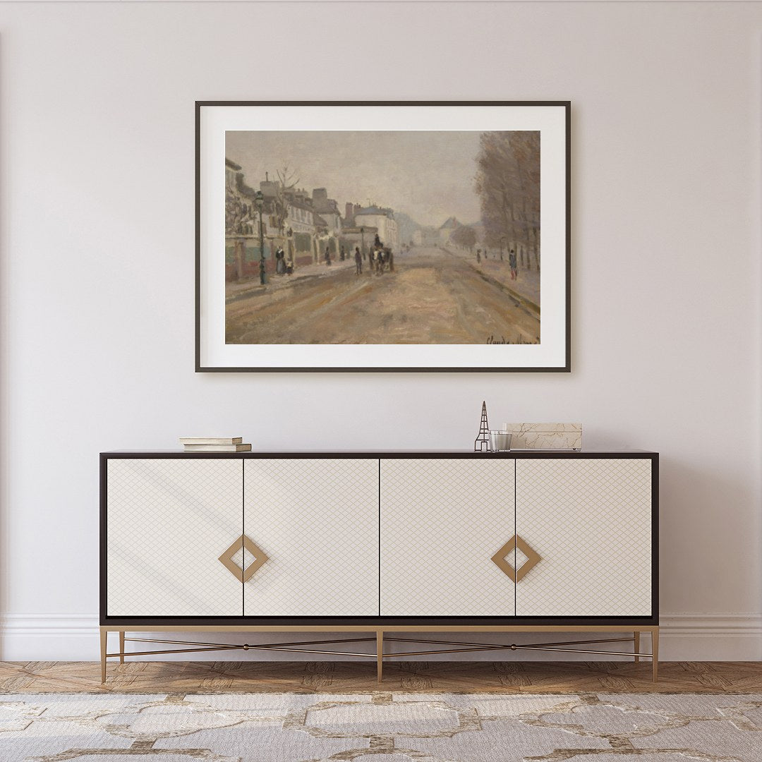 This captivating artwork presents a serene street scene painted in gentle pastel tones. With its for Foyer