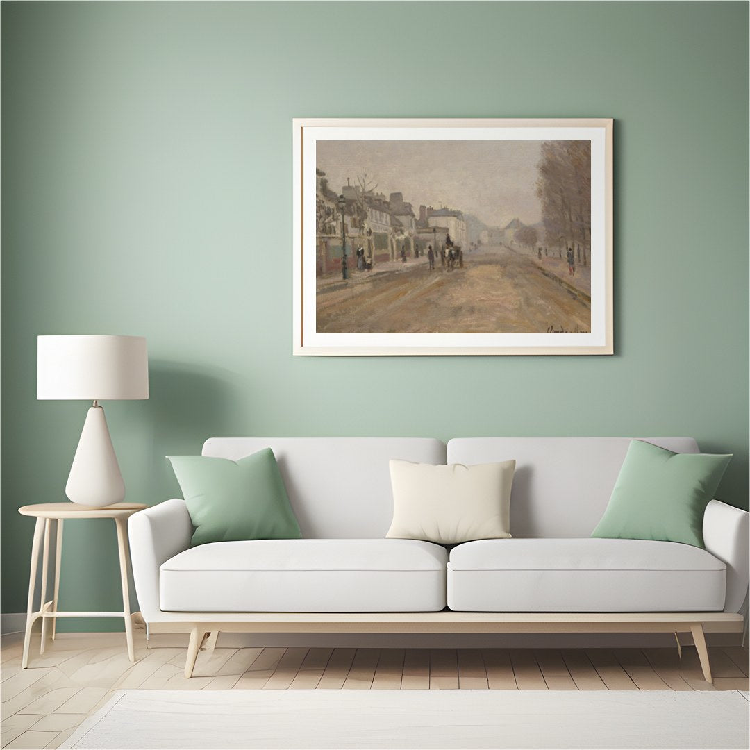 This captivating artwork presents a serene street scene painted in gentle pastel tones. With its for Hall