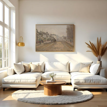 This captivating artwork presents a serene street scene painted in gentle pastel tones. With its for Living Room