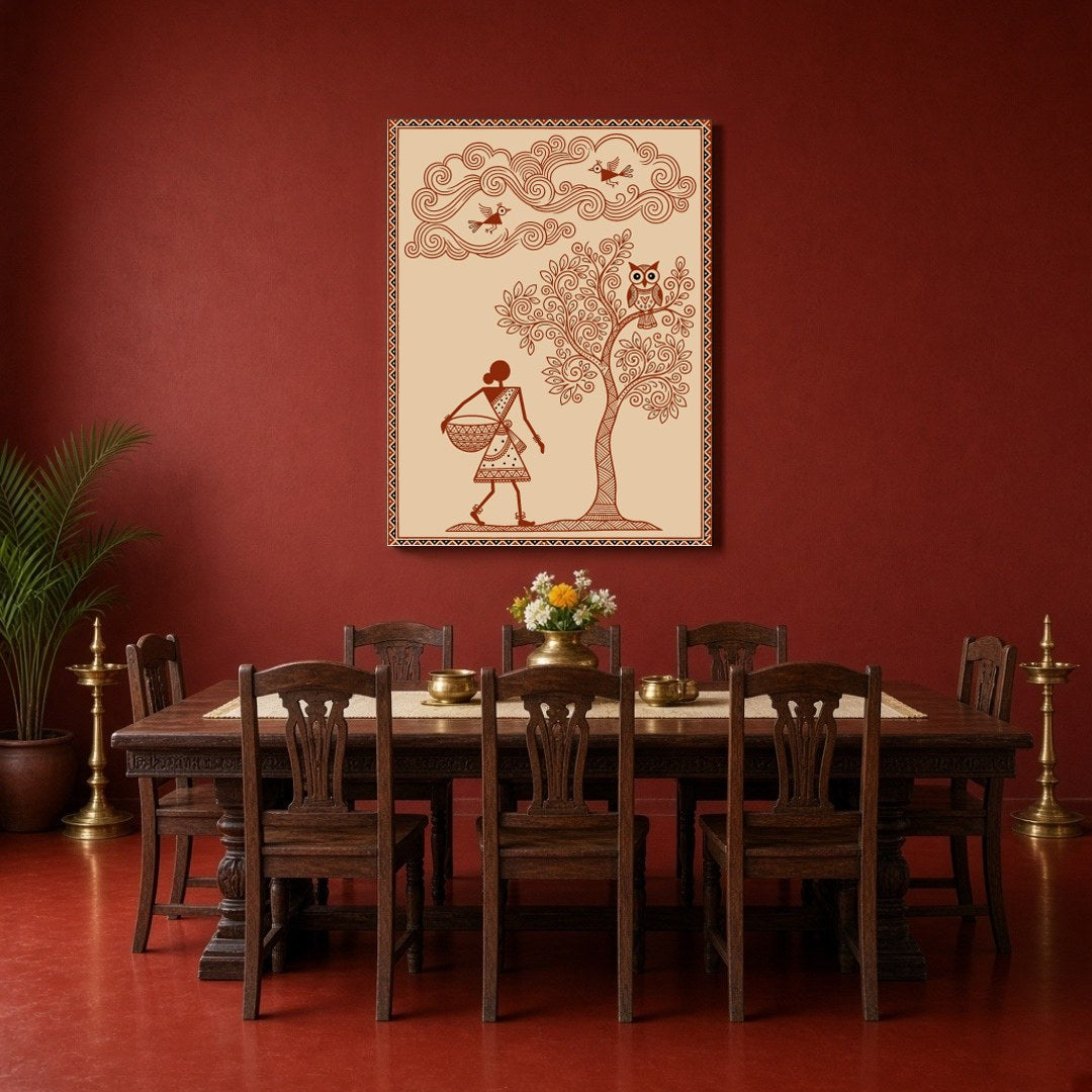 Immerse yourself in the enchanting world of Warli Art with this evocative piece that portrays a for Dining