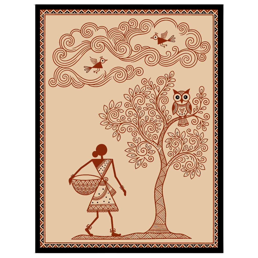 Immerse yourself in the enchanting world of Warli Art with this evocative piece that portrays a for kitchen