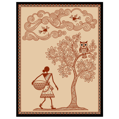 Immerse yourself in the enchanting world of Warli Art with this evocative piece that portrays a for kitchen