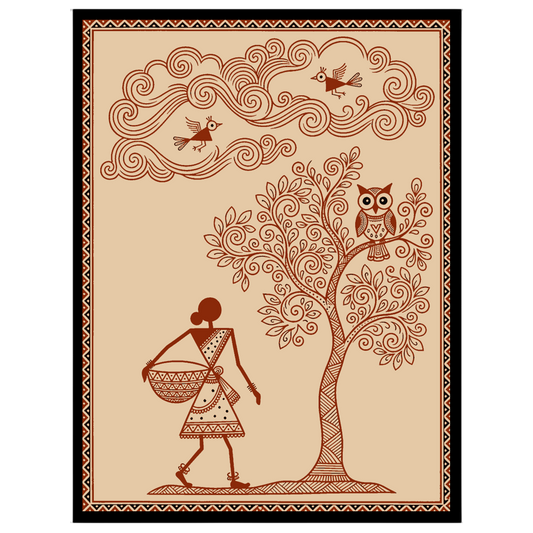 Immerse yourself in the enchanting world of Warli Art with this evocative piece that portrays a for kitchen