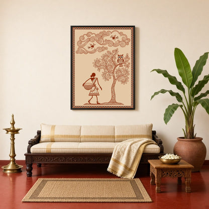 Immerse yourself in the enchanting world of Warli Art with this evocative piece that portrays a for Living Room