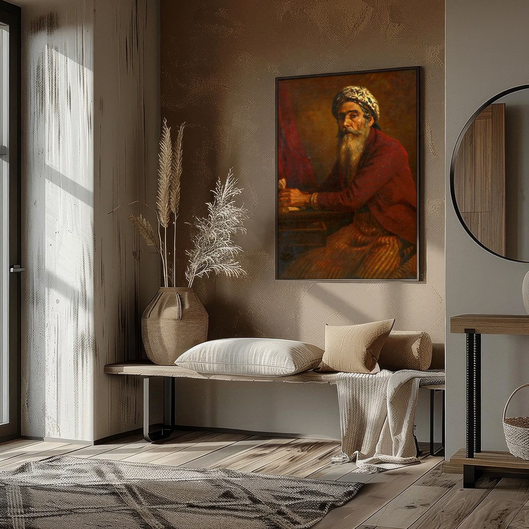 This captivating artwork portrays a mystic scholar immersed in thoughtful reflection. The intricate for area