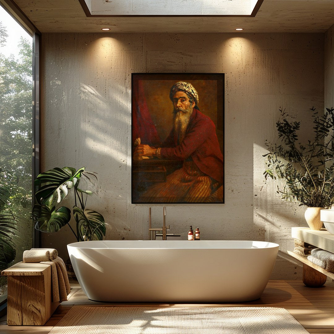 This captivating artwork portrays a mystic scholar immersed in thoughtful reflection. The intricate for Bathroom