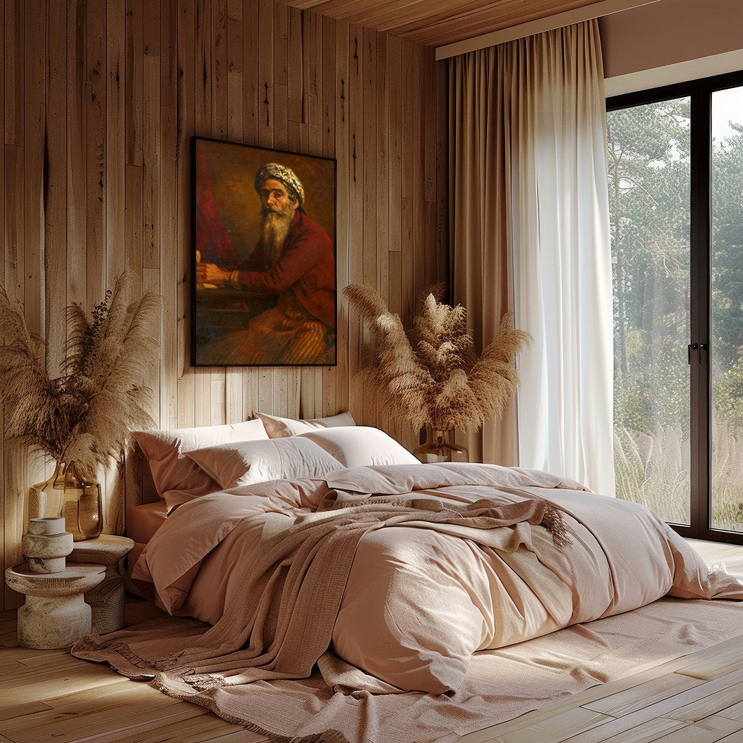 This captivating artwork portrays a mystic scholar immersed in thoughtful reflection. The intricate for Bedroom