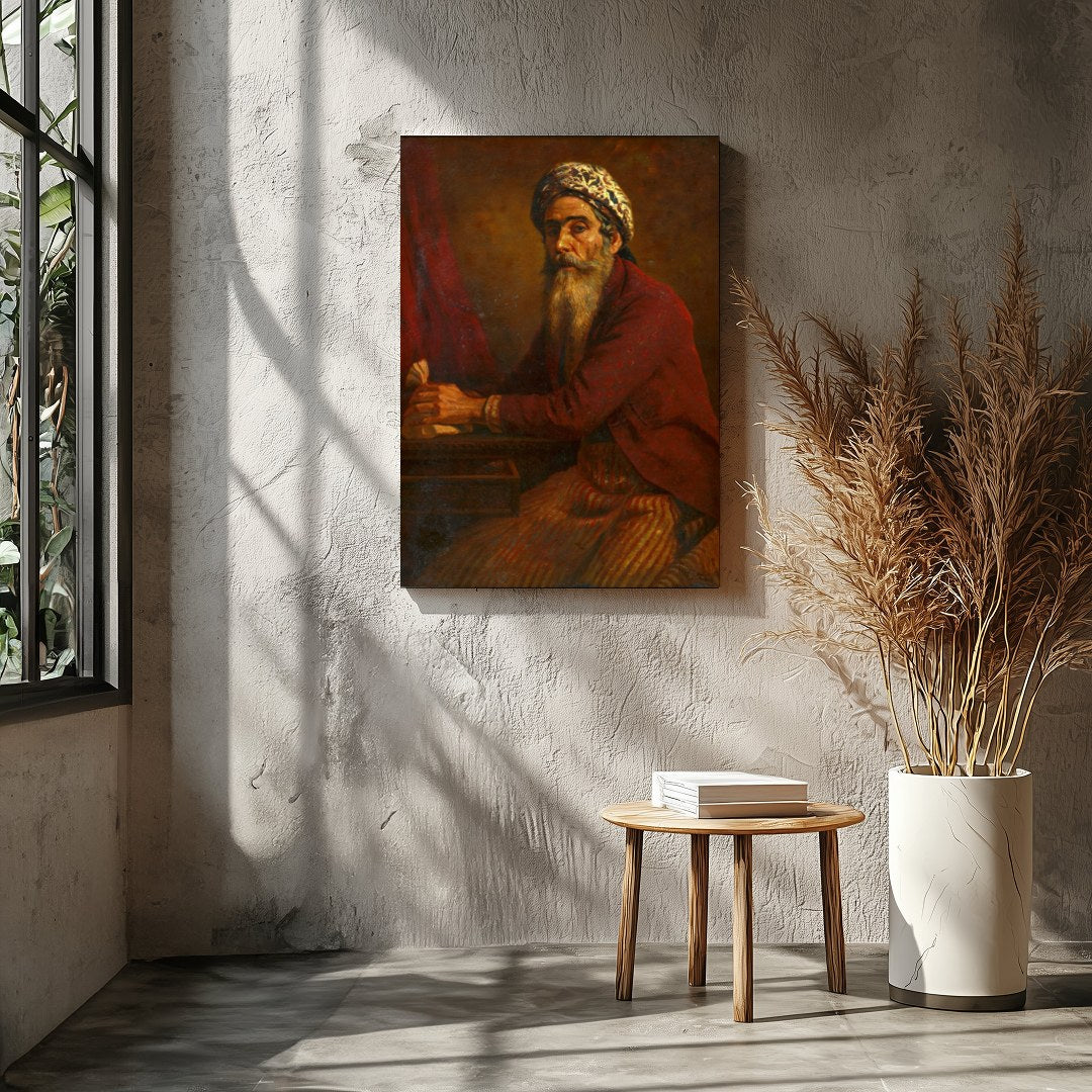 This captivating artwork portrays a mystic scholar immersed in thoughtful reflection. The intricate for Entrance