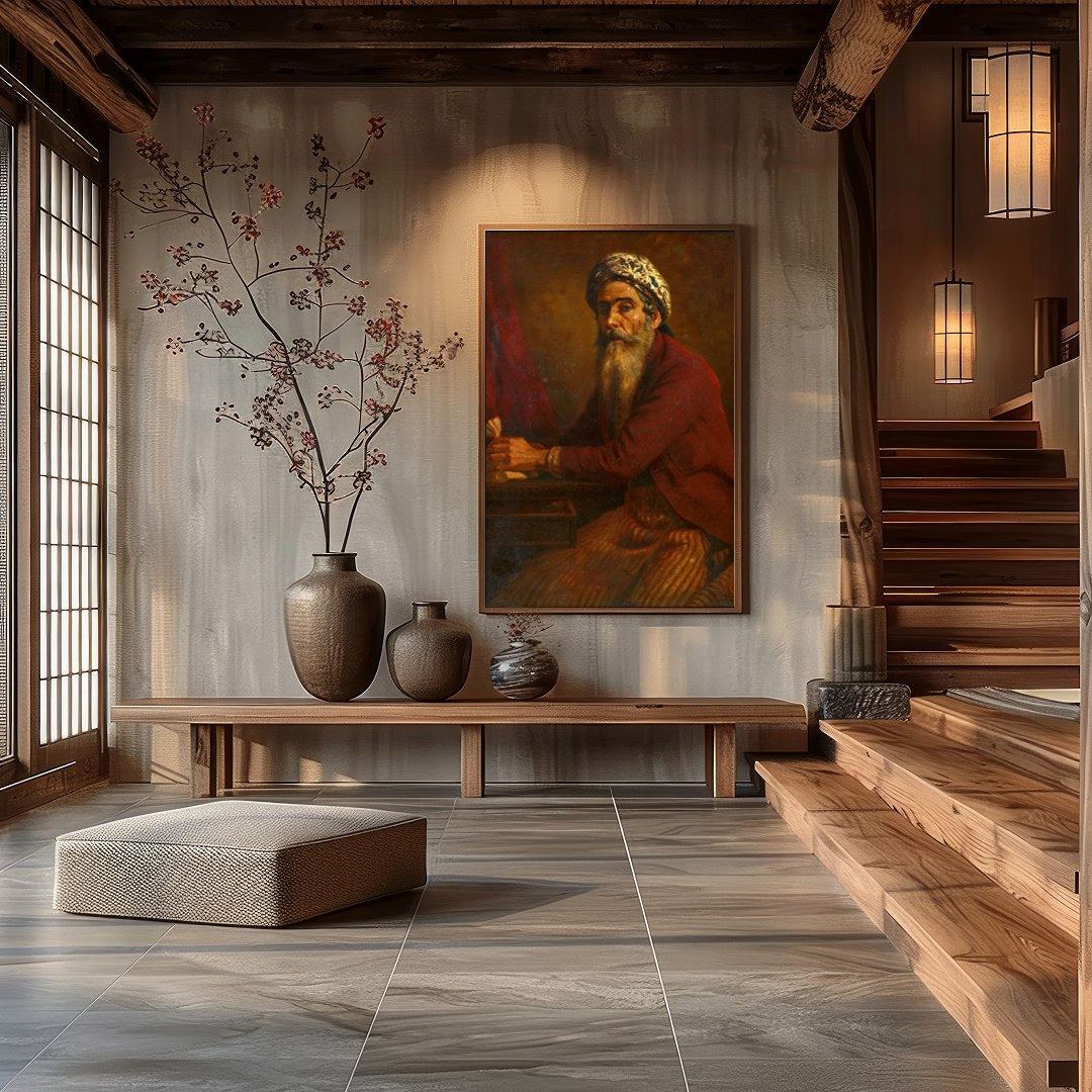 This captivating artwork portrays a mystic scholar immersed in thoughtful reflection. The intricate for Hall