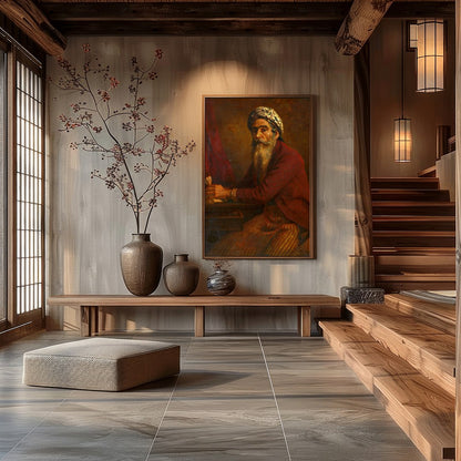 This captivating artwork portrays a mystic scholar immersed in thoughtful reflection. The intricate for Hall