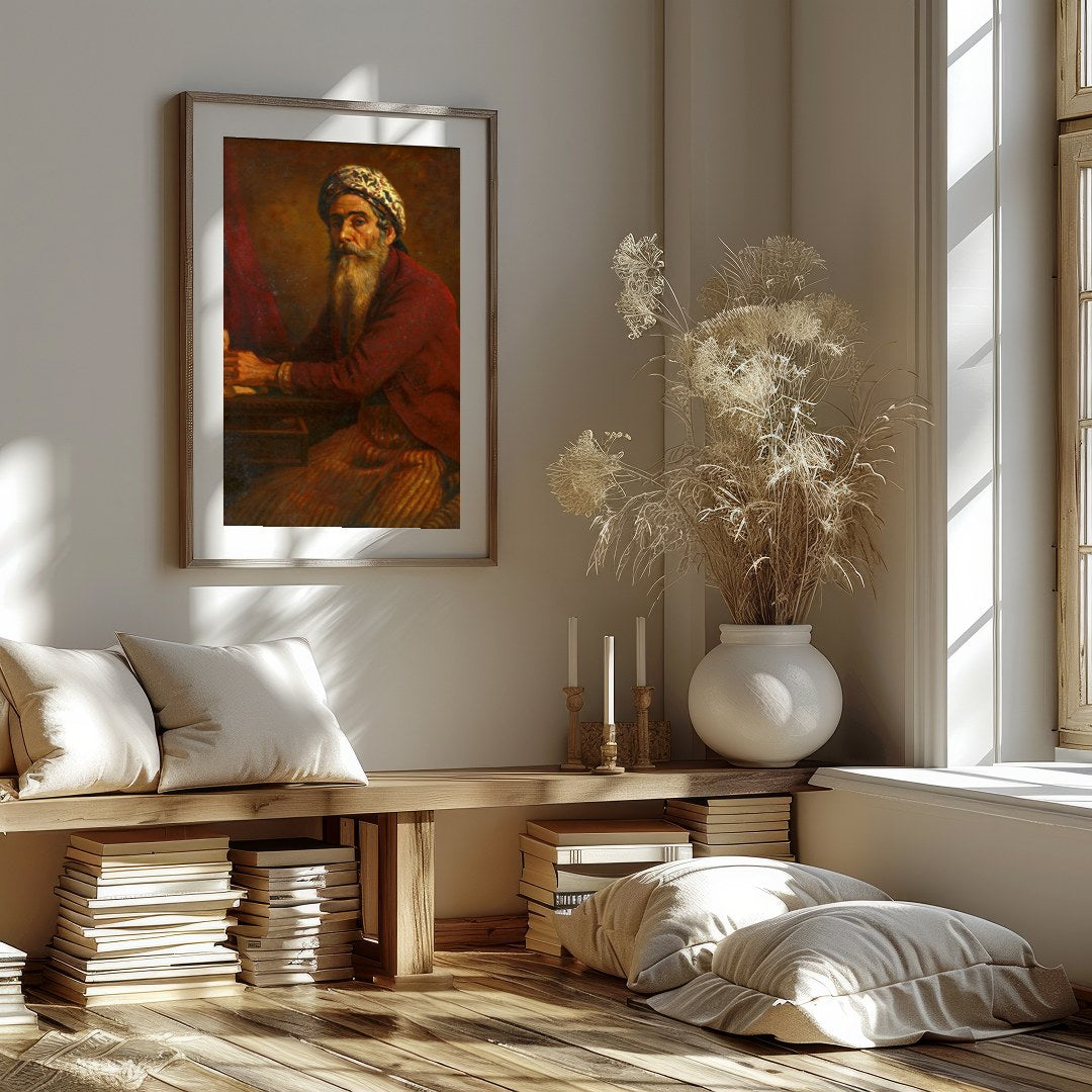 This captivating artwork portrays a mystic scholar immersed in thoughtful reflection. The intricate for home