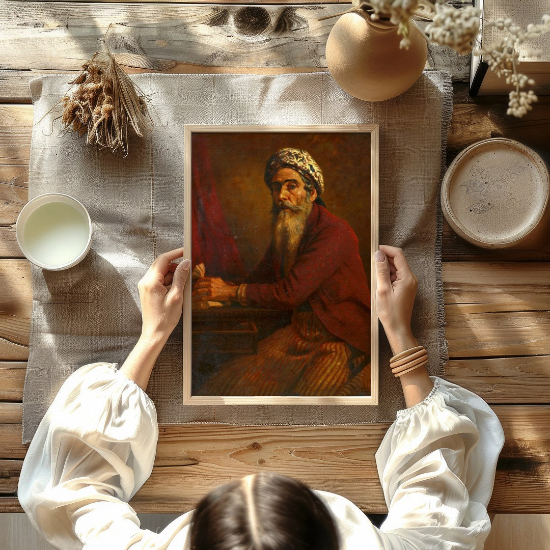 This captivating artwork portrays a mystic scholar immersed in thoughtful reflection. The intricate for Kitchen