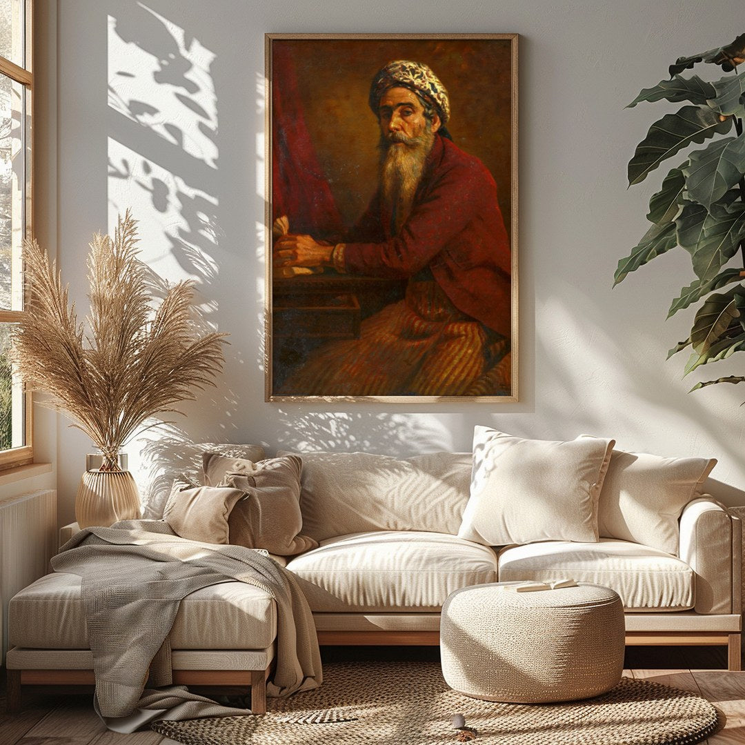 This captivating artwork portrays a mystic scholar immersed in thoughtful reflection. The intricate for Sitting Area