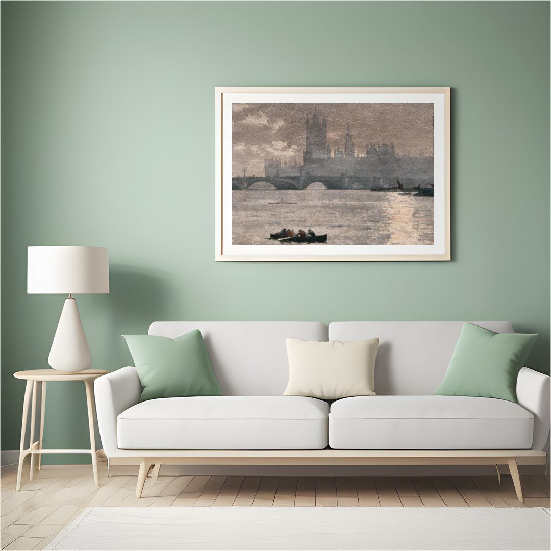 Dive into the serene ambiance of this painting capturing the iconic Westminster silhouette under a for Hall