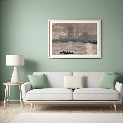 Dive into the serene ambiance of this painting capturing the iconic Westminster silhouette under a for Hall