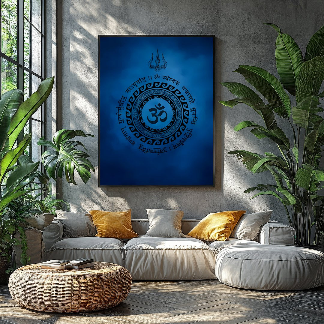 Dive into tranquility with this captivating artwork featuring a mystical Om symbol encircled by for Balcony