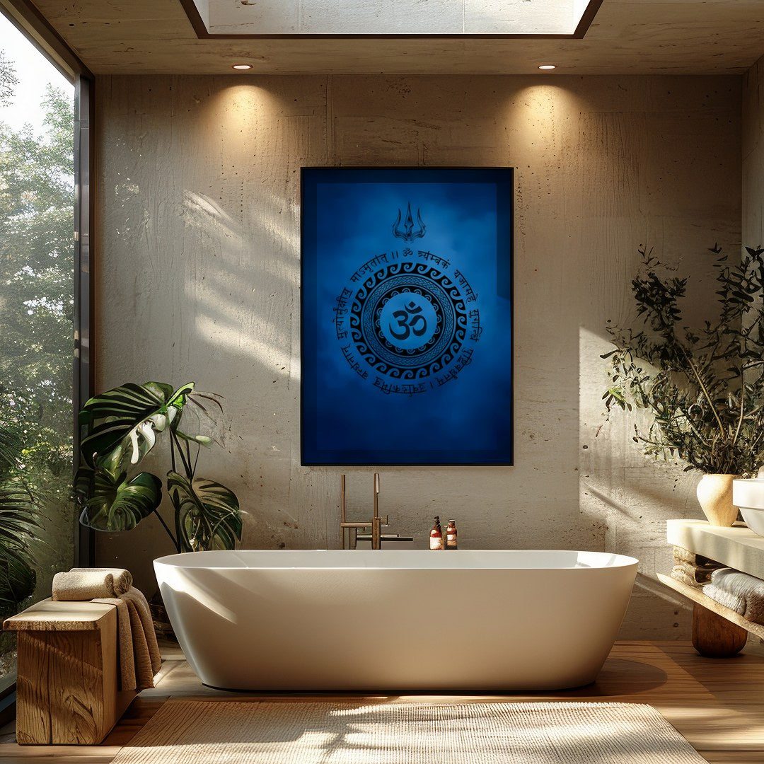Dive into tranquility with this captivating artwork featuring a mystical Om symbol encircled by for Bathroom