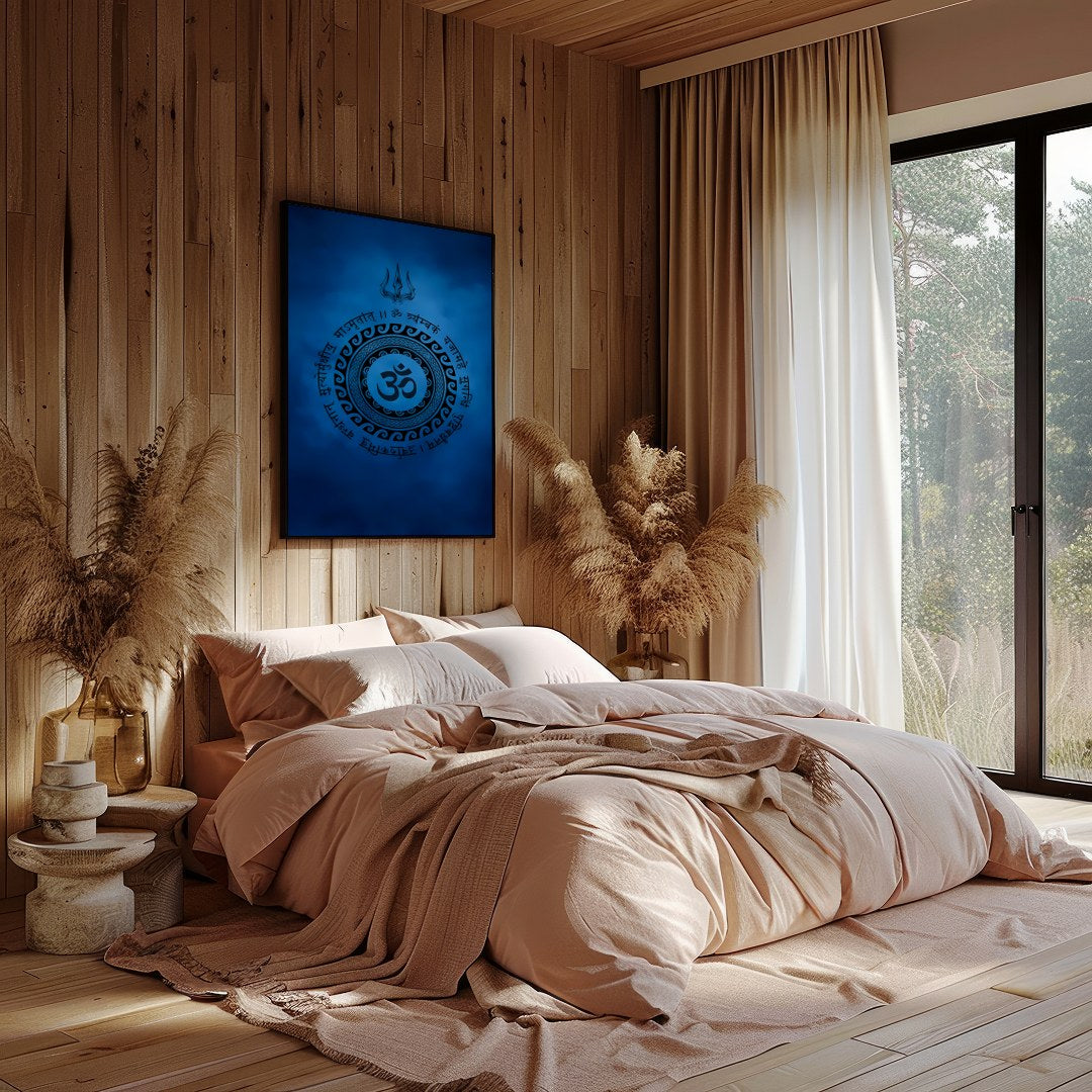 Dive into tranquility with this captivating artwork featuring a mystical Om symbol encircled by for Bedroom