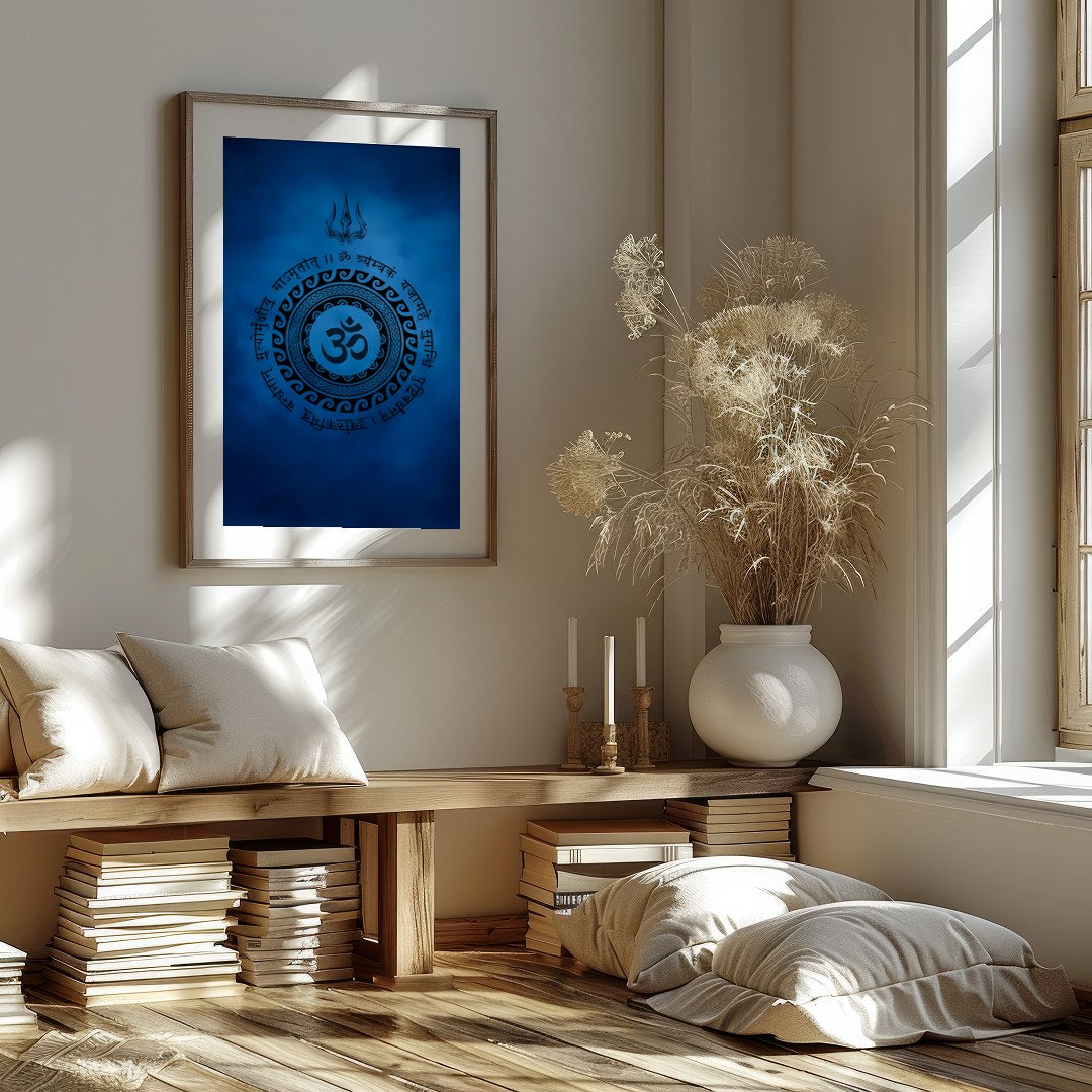 Dive into tranquility with this captivating artwork featuring a mystical Om symbol encircled by for dwelling