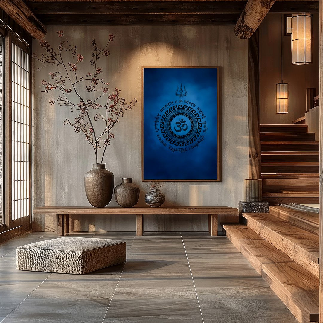 Dive into tranquility with this captivating artwork featuring a mystical Om symbol encircled by for Hall
