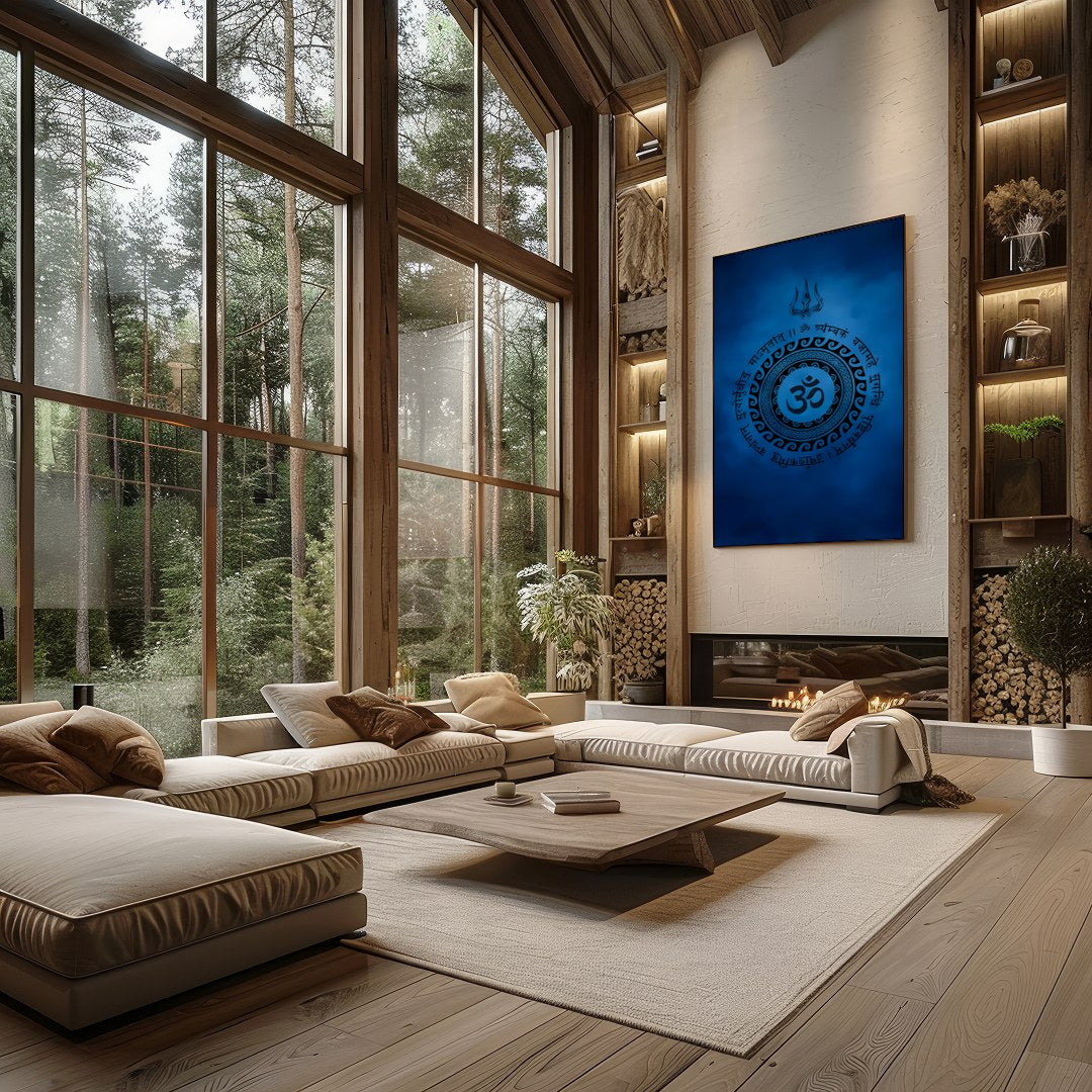 Dive into tranquility with this captivating artwork featuring a mystical Om symbol encircled by for Living Room