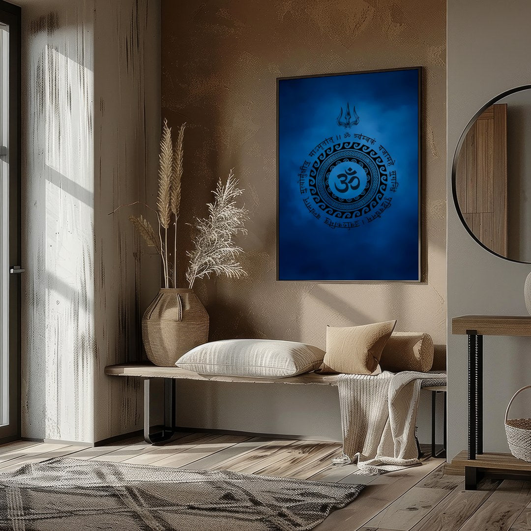 Dive into tranquility with this captivating artwork featuring a mystical Om symbol encircled by for sanctuary