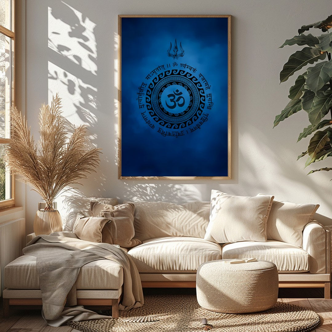 Dive into tranquility with this captivating artwork featuring a mystical Om symbol encircled by for Sitting Area