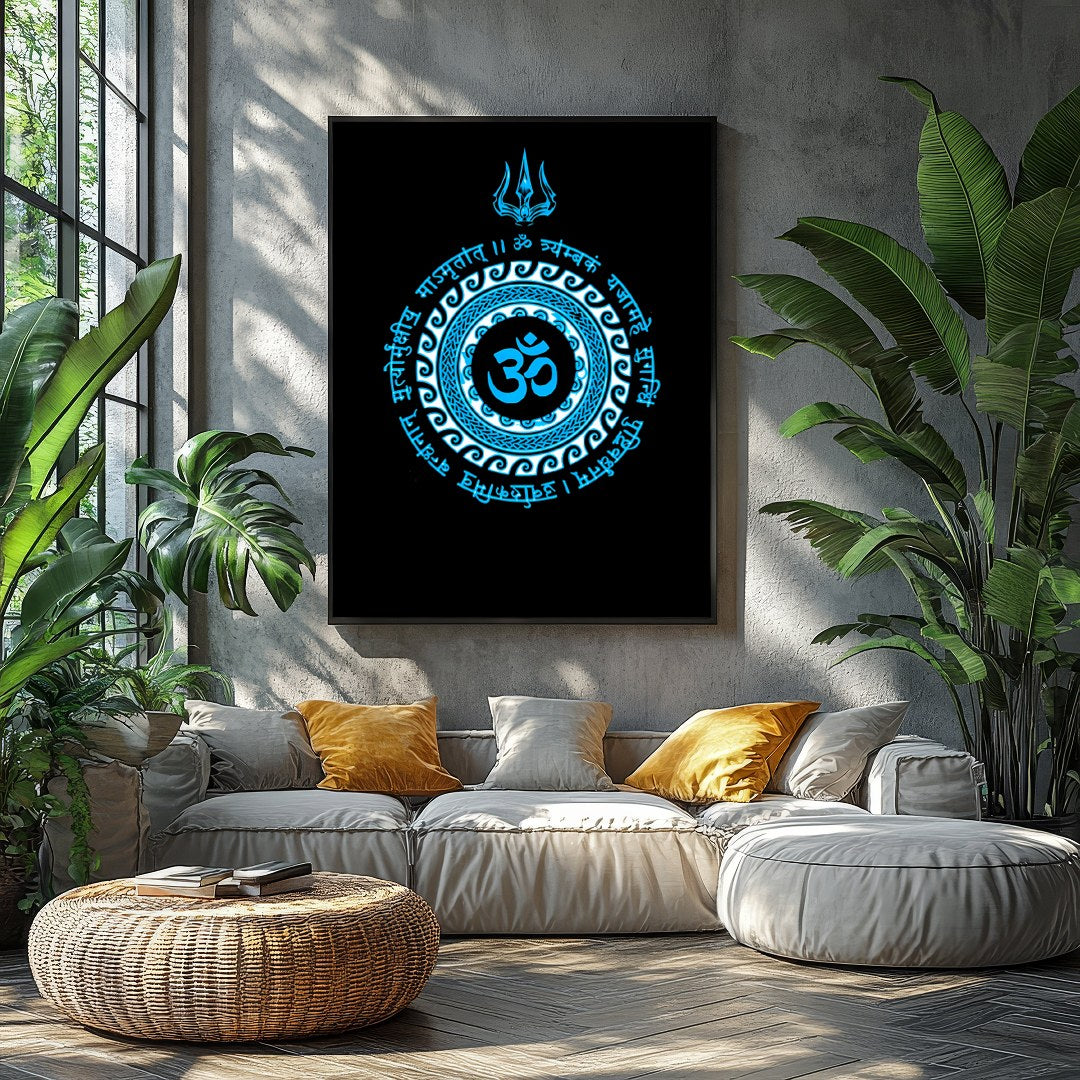 This striking artwork features the sacred Om symbol at the heart of a detailed mandala, rendered in for Balcony