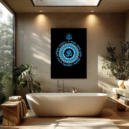 This striking artwork features the sacred Om symbol at the heart of a detailed mandala, rendered in for Bathroom