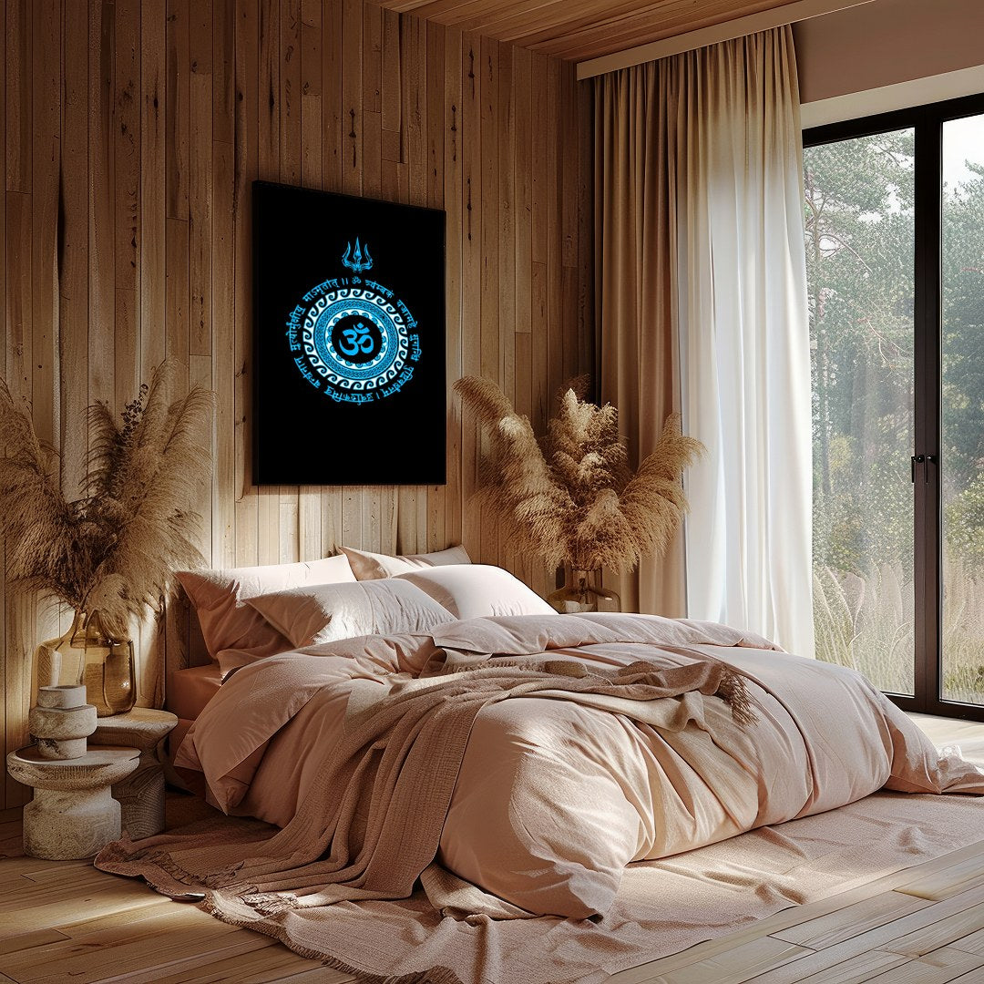 This striking artwork features the sacred Om symbol at the heart of a detailed mandala, rendered in for Bedroom