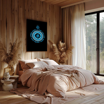 This striking artwork features the sacred Om symbol at the heart of a detailed mandala, rendered in for Bedroom