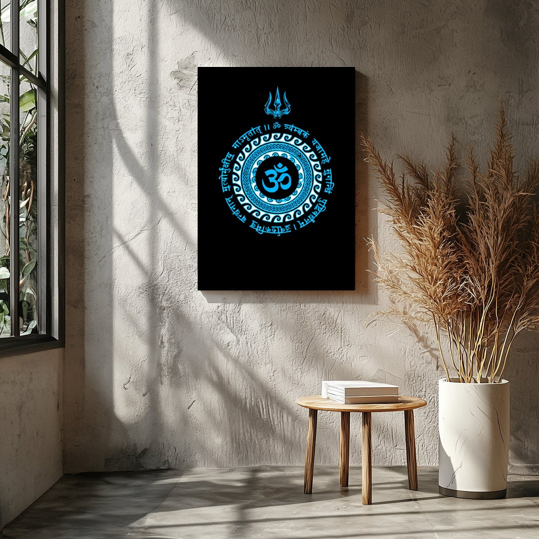 This striking artwork features the sacred Om symbol at the heart of a detailed mandala, rendered in for Entrance