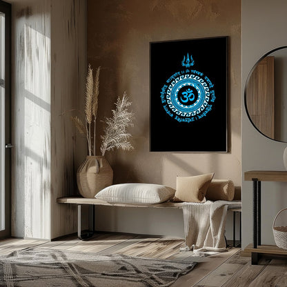 This striking artwork features the sacred Om symbol at the heart of a detailed mandala, rendered in for interior