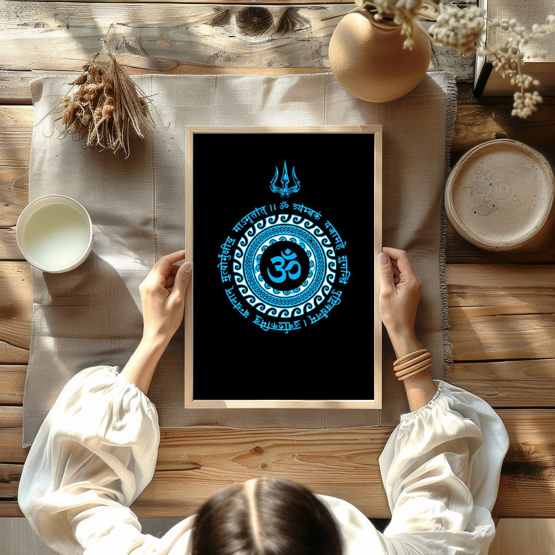 This striking artwork features the sacred Om symbol at the heart of a detailed mandala, rendered in for Kitchen