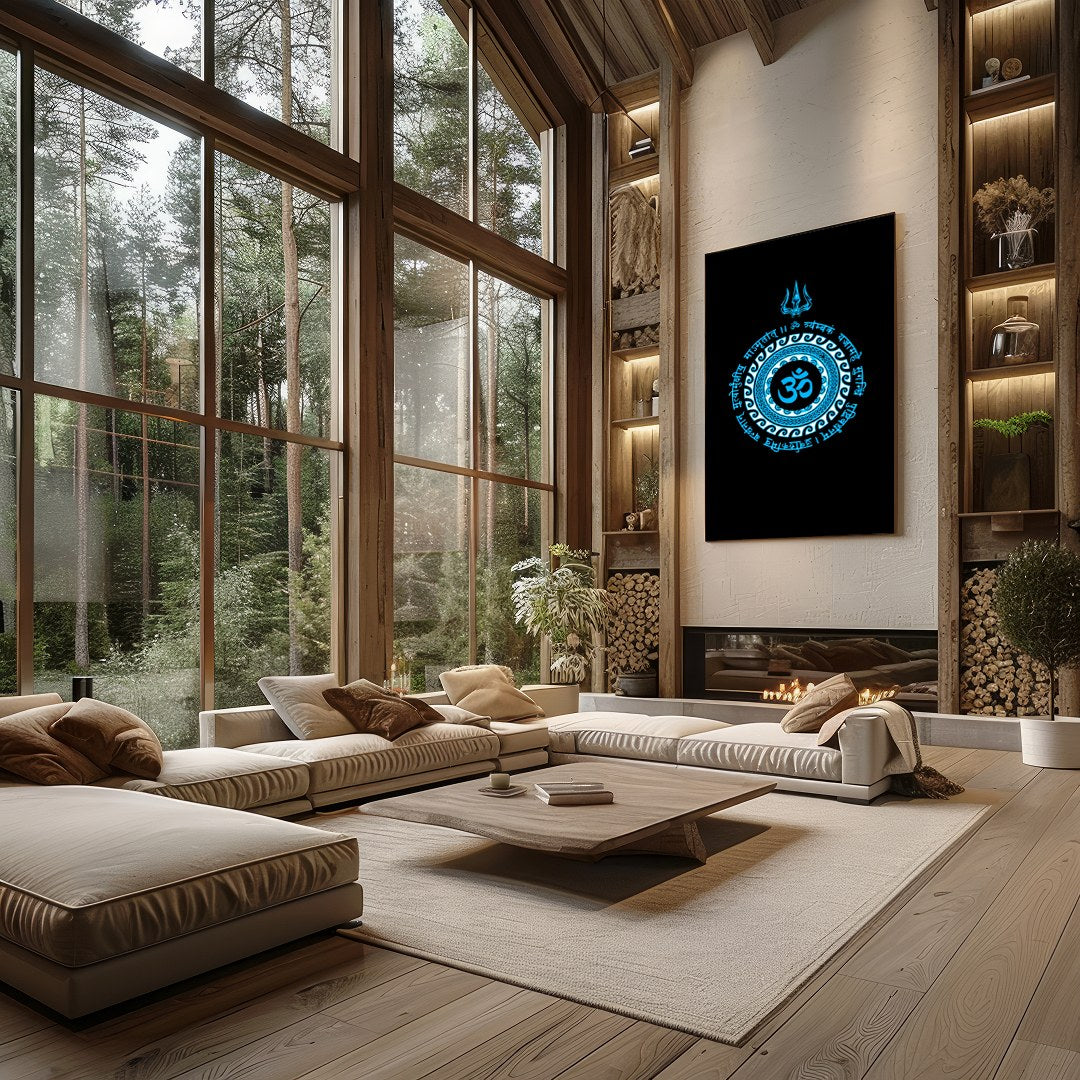 This striking artwork features the sacred Om symbol at the heart of a detailed mandala, rendered in for Living Room
