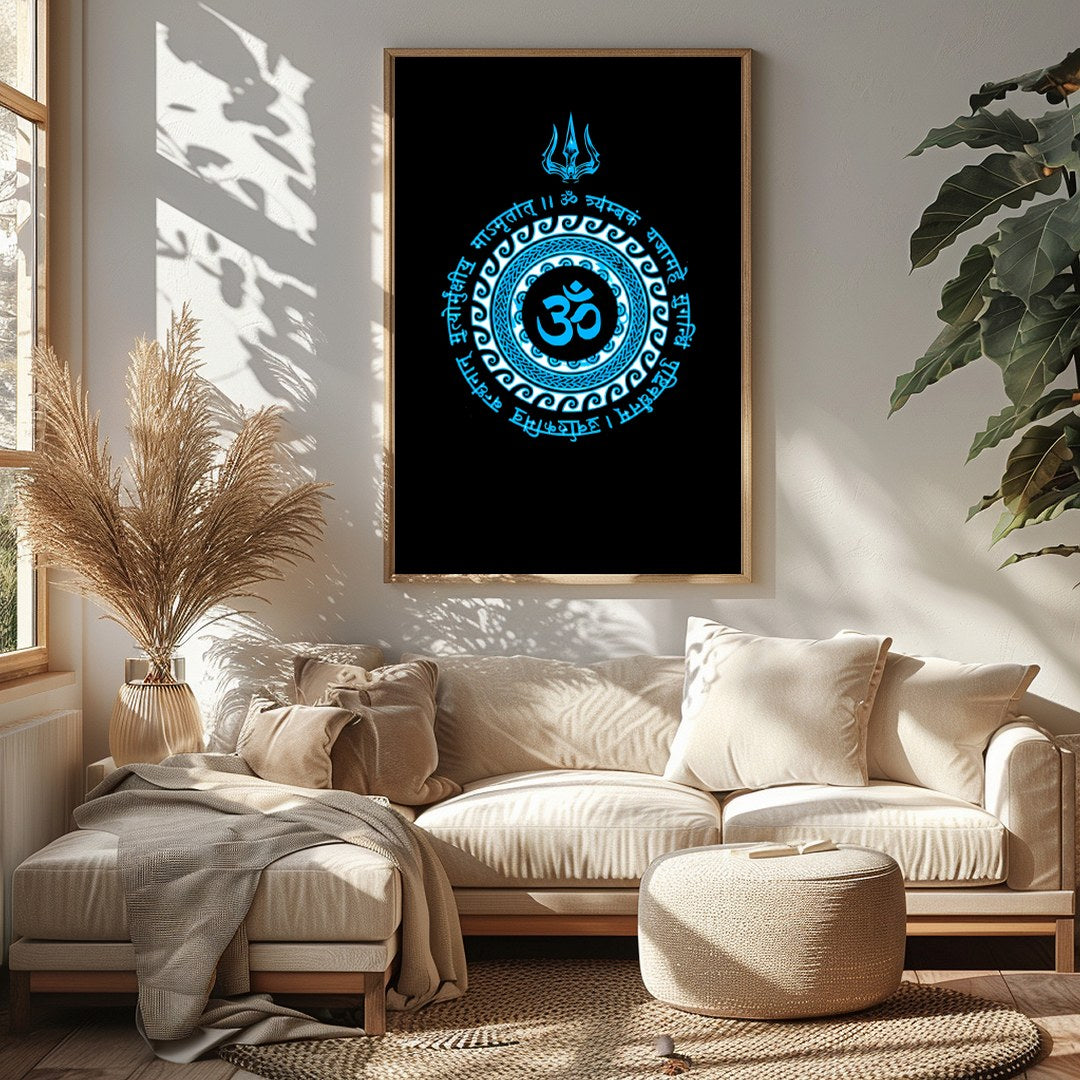 This striking artwork features the sacred Om symbol at the heart of a detailed mandala, rendered in for Sitting Area