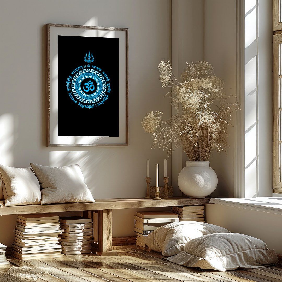 This striking artwork features the sacred Om symbol at the heart of a detailed mandala, rendered in for sweet-home