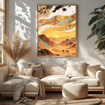 Experience the allure of a desert caravan making its way through golden dunes against a mesmerizing for Bedroom