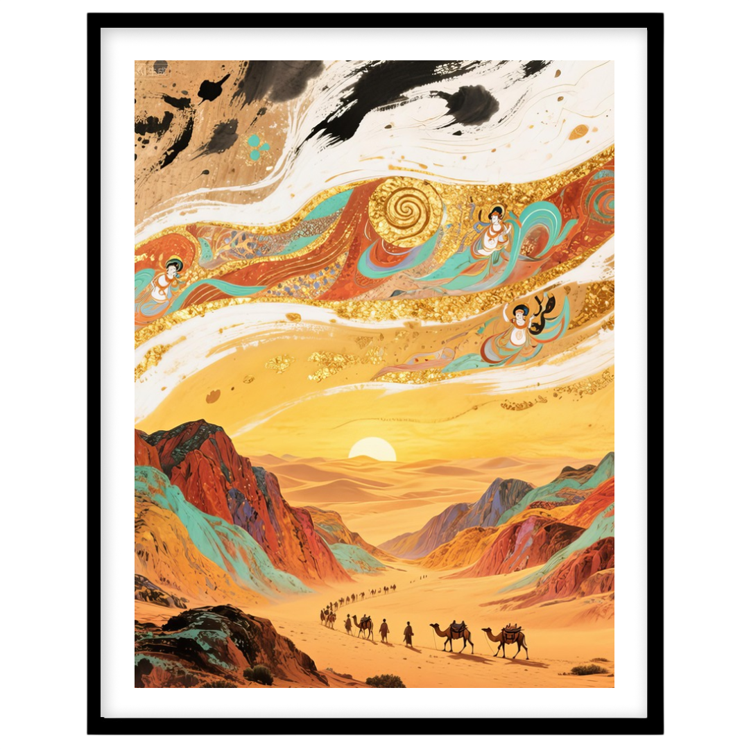 Experience the allure of a desert caravan making its way through golden dunes against a mesmerizing for hallway