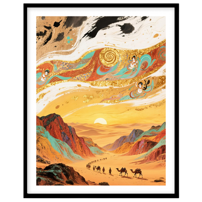 Experience the allure of a desert caravan making its way through golden dunes against a mesmerizing for hallway