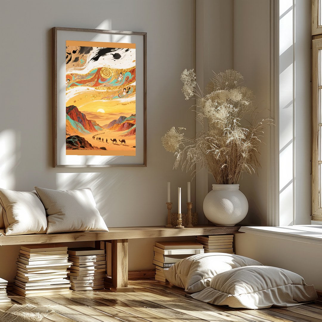 Experience the allure of a desert caravan making its way through golden dunes against a mesmerizing for Home Office