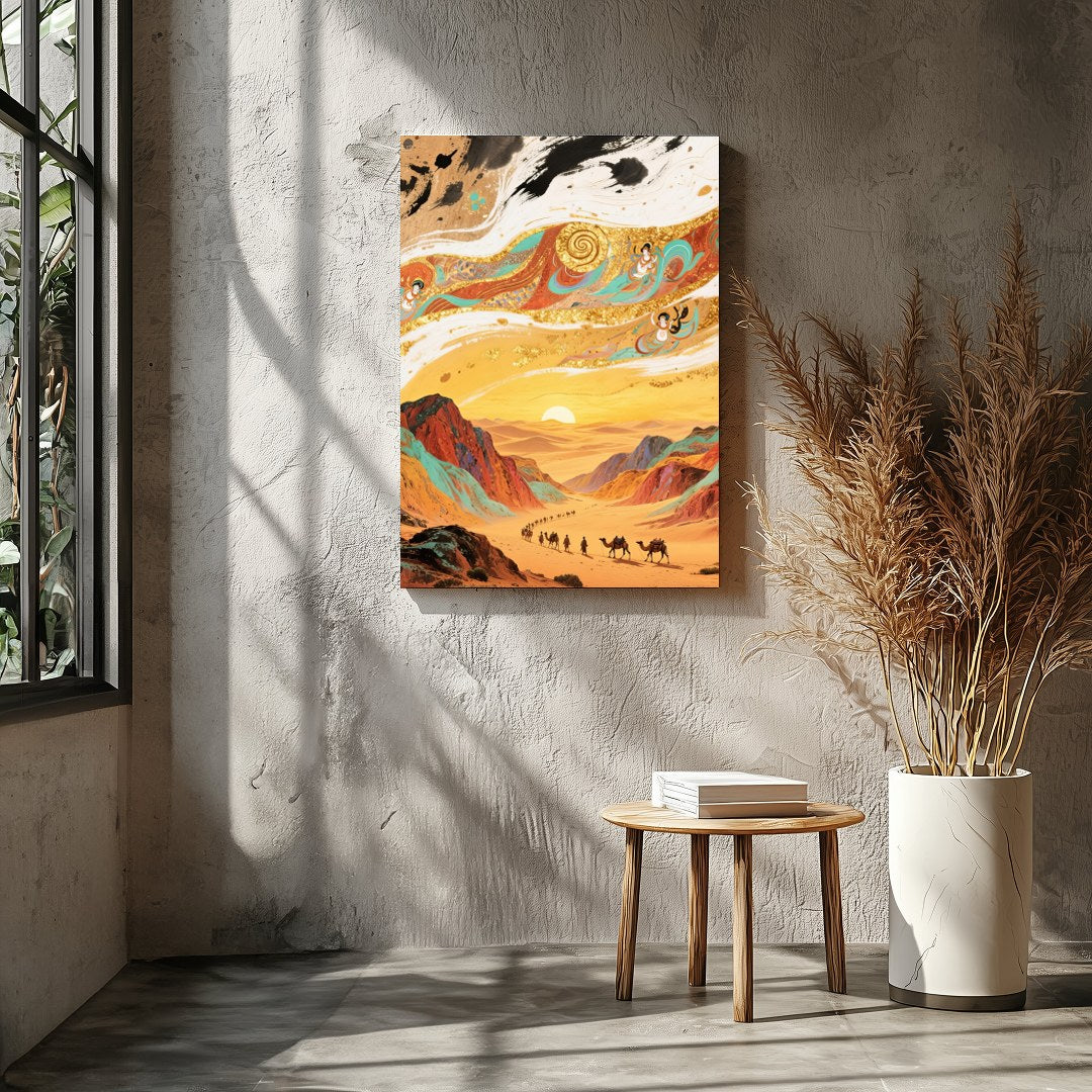 Experience the allure of a desert caravan making its way through golden dunes against a mesmerizing for Living Room