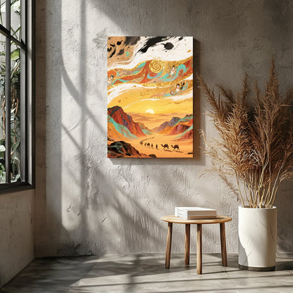 Experience the allure of a desert caravan making its way through golden dunes against a mesmerizing for Living Room