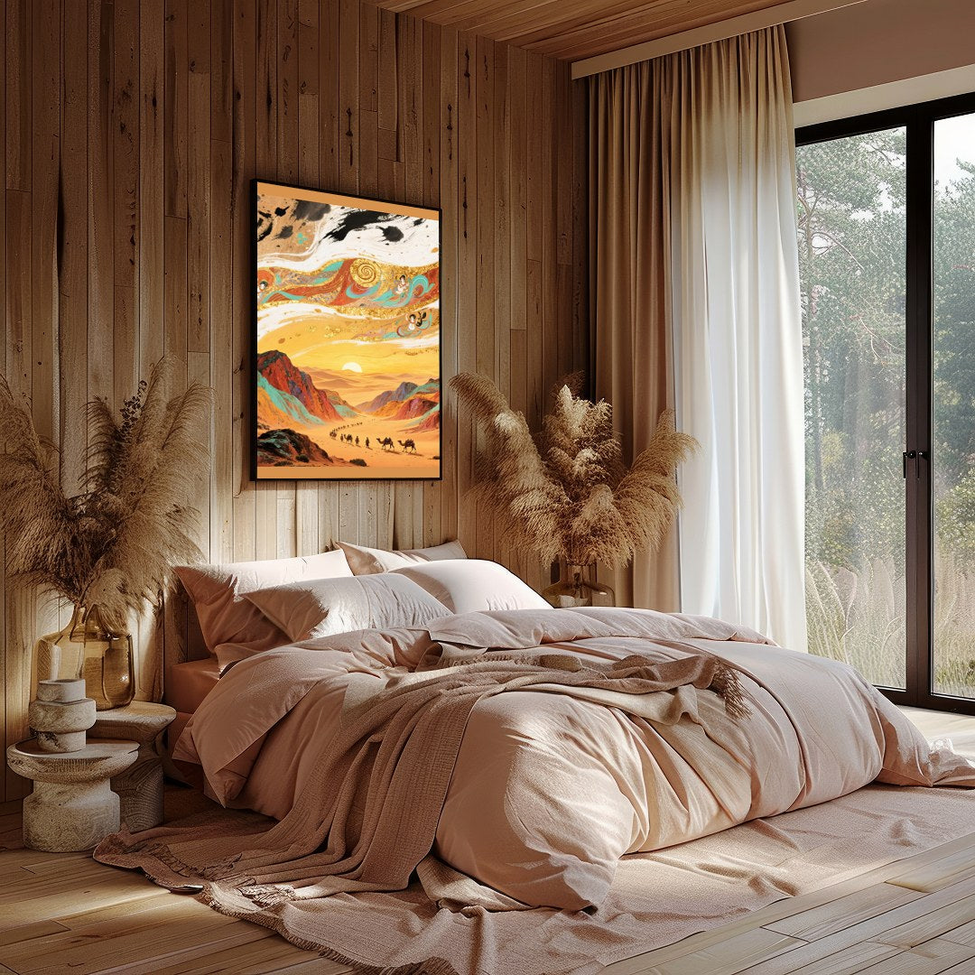 Experience the allure of a desert caravan making its way through golden dunes against a mesmerizing for Reading Nook