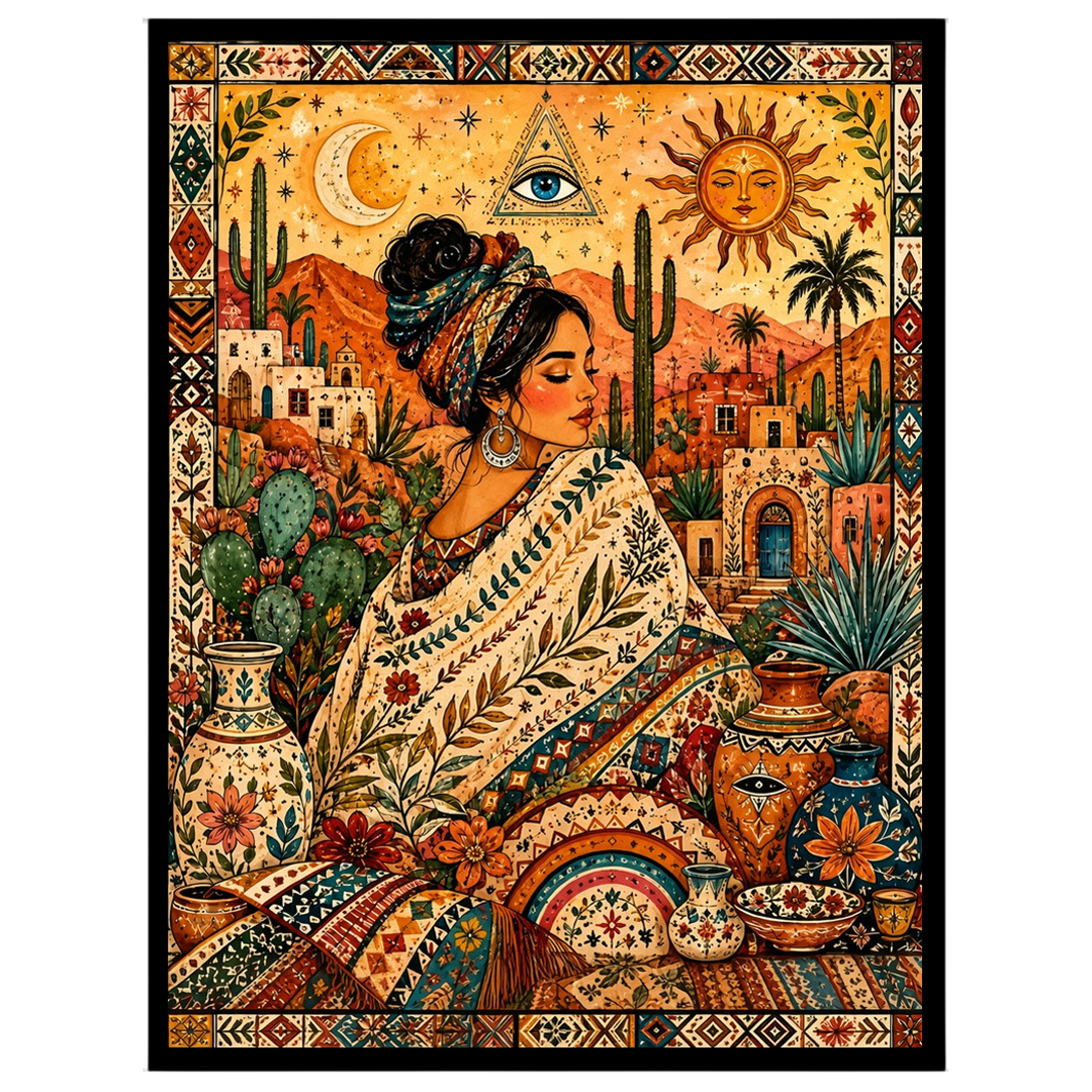 This enchanting artwork captures a serene goddess enveloped in rich bohemian patterns amidst a for decor