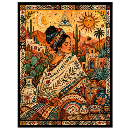 This enchanting artwork captures a serene goddess enveloped in rich bohemian patterns amidst a for decor