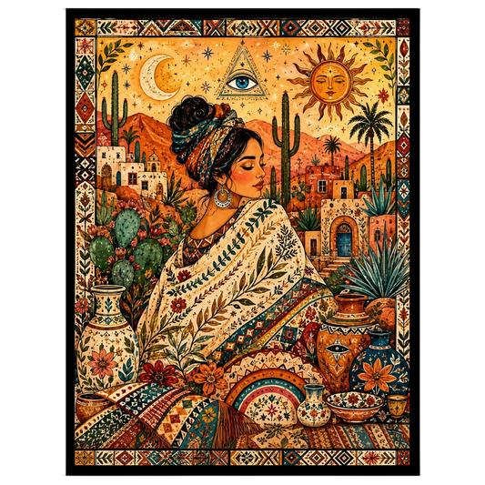 This enchanting artwork captures a serene goddess enveloped in rich bohemian patterns amidst a for decor