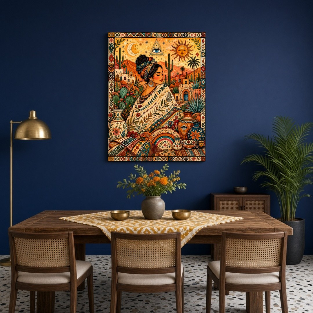 This enchanting artwork captures a serene goddess enveloped in rich bohemian patterns amidst a for Dining