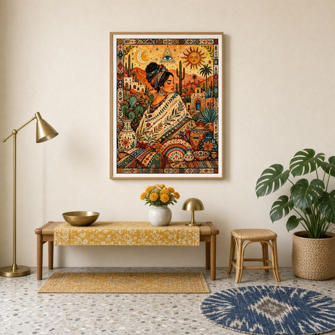 This enchanting artwork captures a serene goddess enveloped in rich bohemian patterns amidst a for Entrance