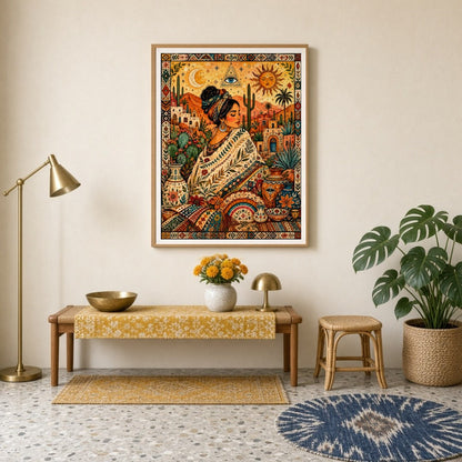 This enchanting artwork captures a serene goddess enveloped in rich bohemian patterns amidst a for Entrance